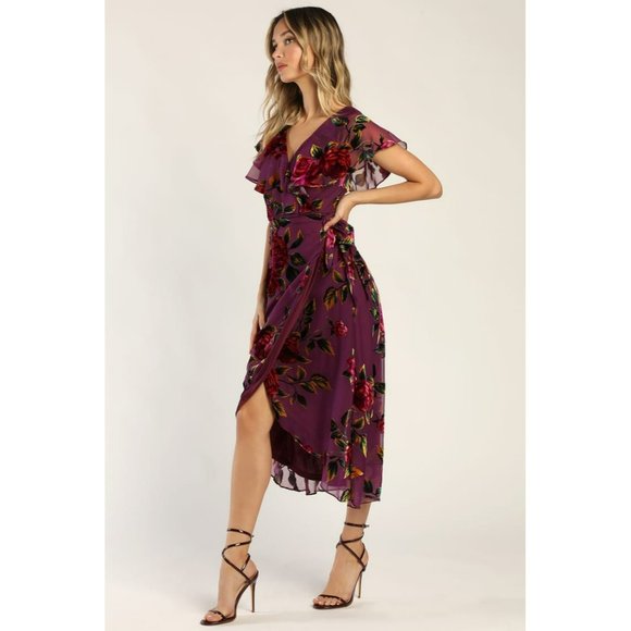 NWT Lulus Floral Passions Plum Purple Floral Velvet Wrap Midi Dress Size Large - Picture 3 of 13